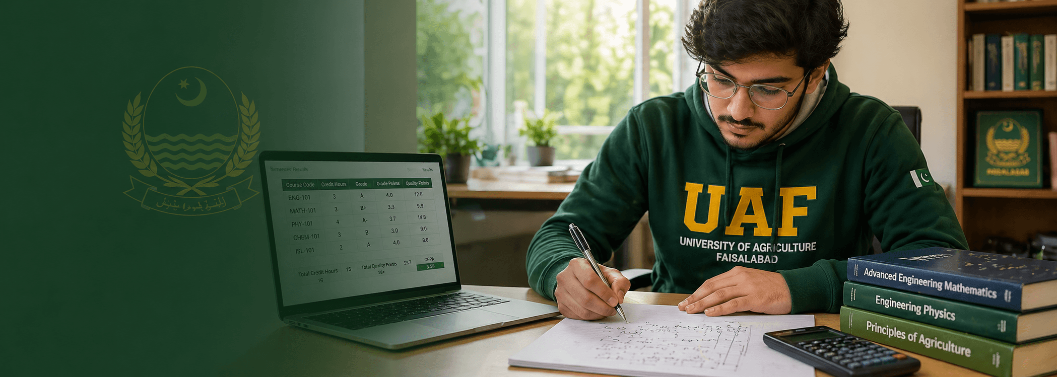 UAF student calculating CGPA on paper and laptop