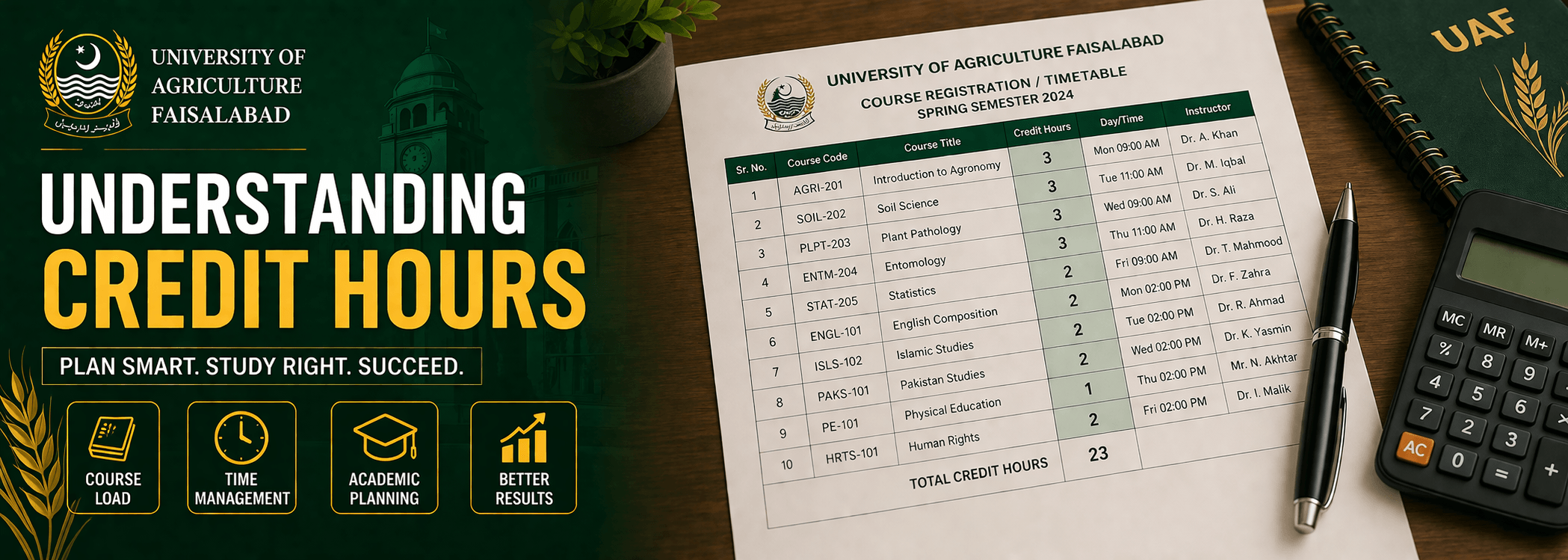 University of Agriculture Faisalabad course registration showing credit hours