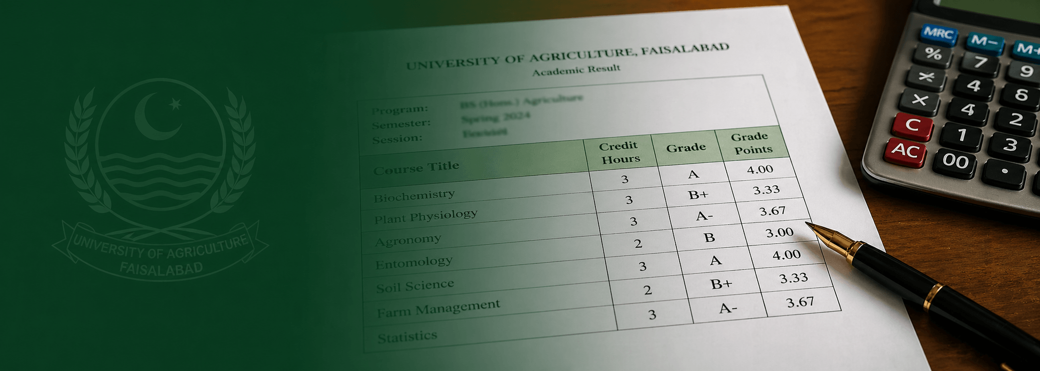 University of Agriculture Faisalabad grade sheet showing letter grades A B C