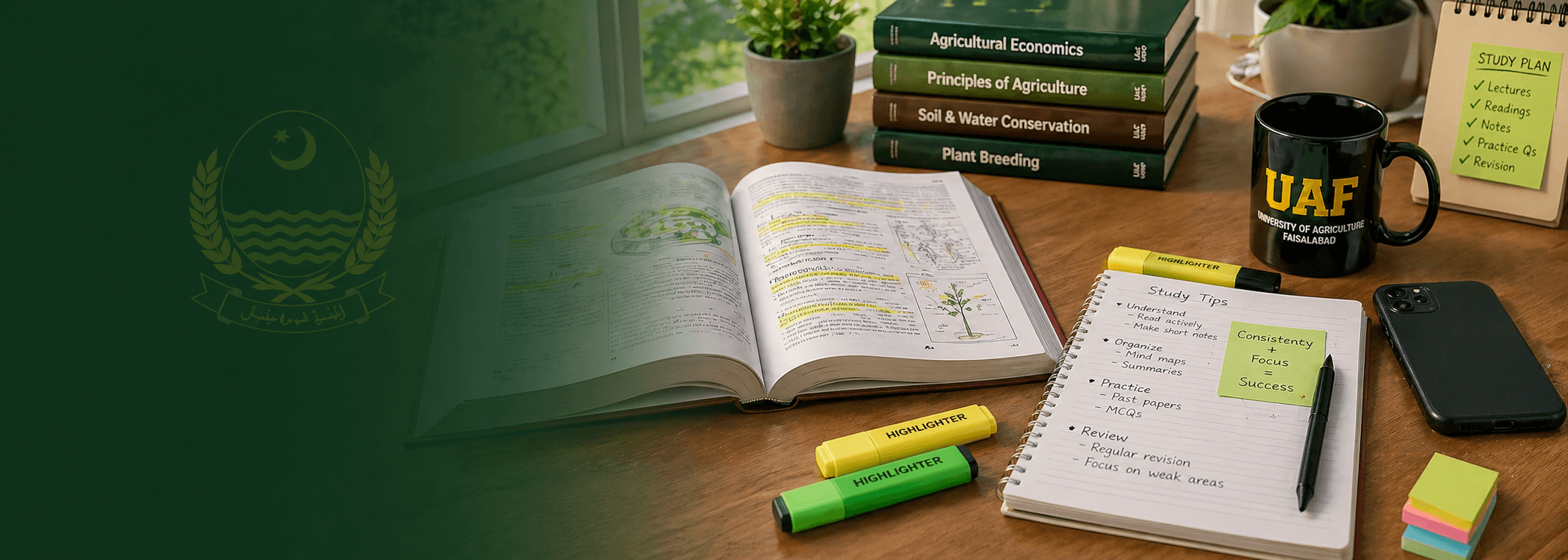 Clean university study desk with textbooks notes and coffee