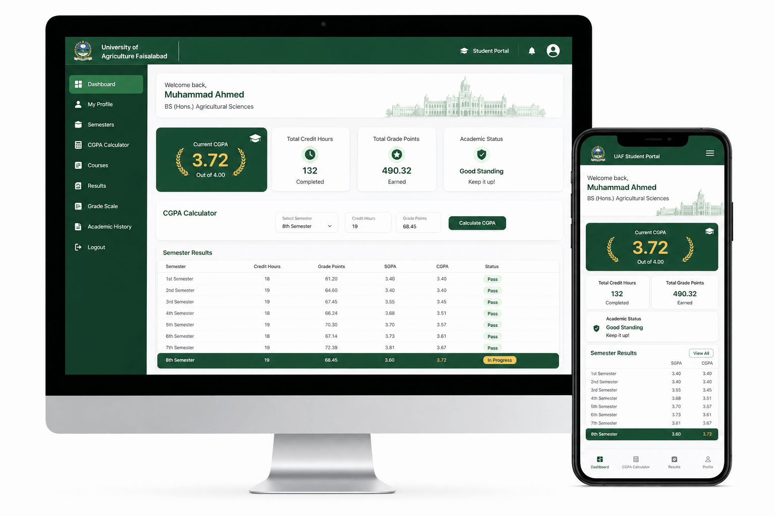 UAF CGPA Calculator Dashboard showing student results and CGPA score
