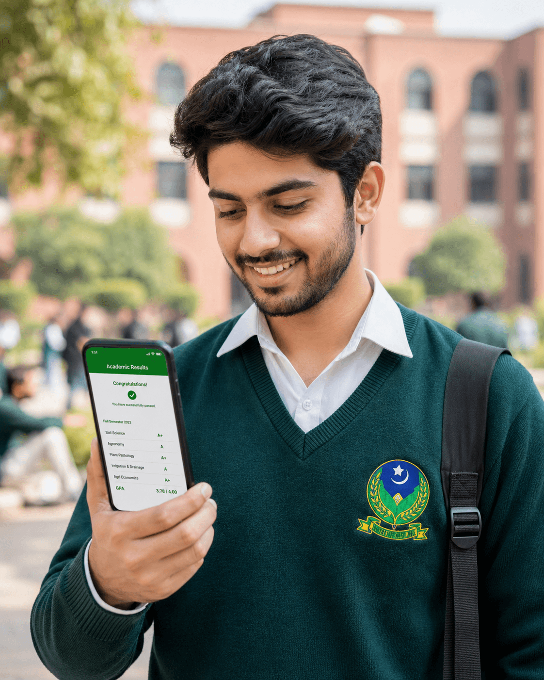 UAF student checking academic CGPA results on mobile phone